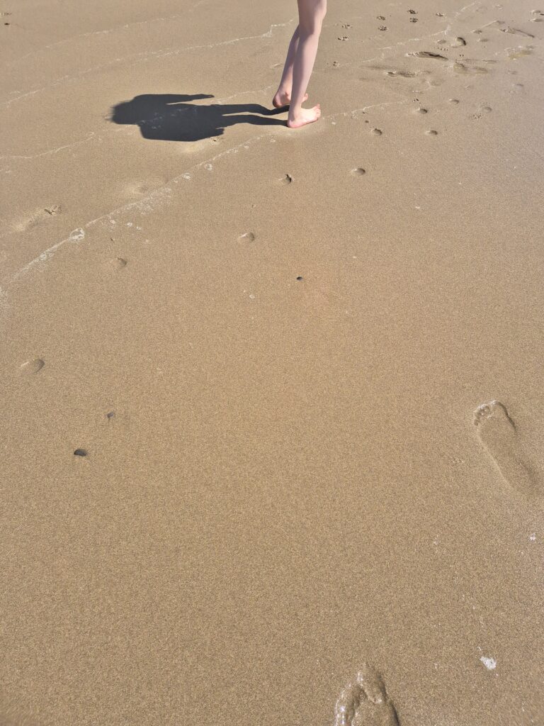 B following footprints on the beach